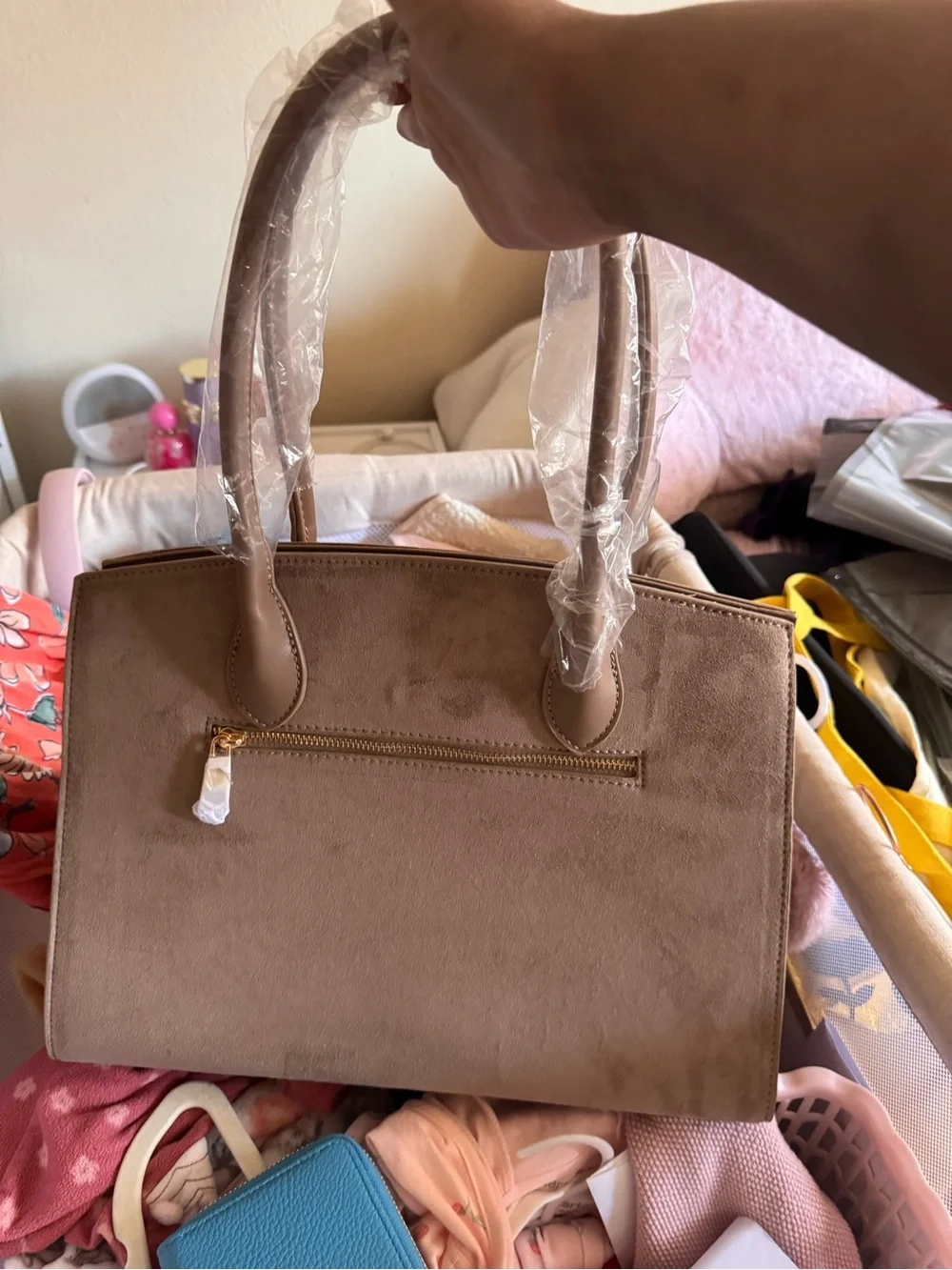 Vegan Suede Satchel Handbag in Taupe with Gold Hardware